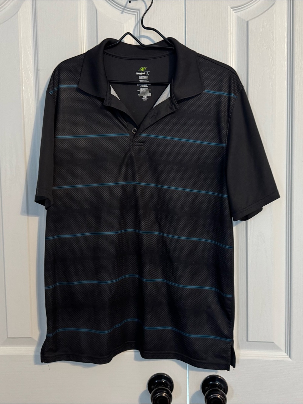 Men's Black Polo with Thin Blue Stripe - Performance Short Sleeve
